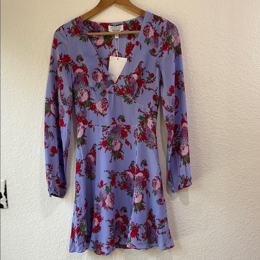 NWD & Other Stories Purple Floral V-Neck Silk Mini Long Sleeve Summer Dress Sz 4